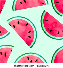 Fruity Seamless Vector Pattern With Watercolor Paint Textured Watermelon Pieces.