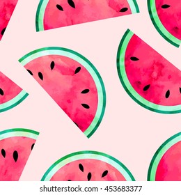 Fruity seamless vector pattern with watercolor paint textured watermelon pieces.