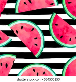 Fruity Seamless Vector Pattern With Watercolor Paint Textured Watermelon Pieces. Striped Background.