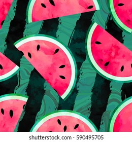 Fruity seamless vector pattern with watercolor paint textured watermelon pieces. Striped and marble background.