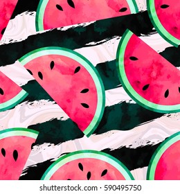 Fruity seamless vector pattern with watercolor paint textured watermelon pieces. Striped and marble background.