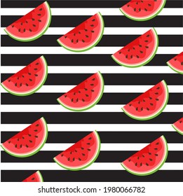 Fruity seamless vector pattern with watermelon cut. Striped background.