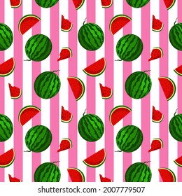 Fruity seamless vector pattern watermelon pieces. Striped background, Seamless watermelons pattern. Vector background with watermelon slices. Colorful watermelon background .summer season background.