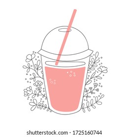 Fruity smoothie with decorative flowers. Take away cup with a straw and tasty drink. Beautiful glass with pink beverage and floral ornament. Vector illustration on food and drink in flat style. 