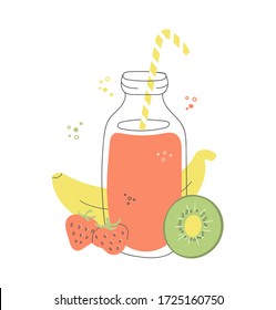 Fruity smoothie in a glass bottle. Strawberry, banana, and kiwi drink. Fresh summer beverage with fruits. Vector illustration on food and drink. Delicious juice in the modern flat style.