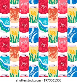 Fruity Soda Drinks Seamless Pattern Vector Illustration. Summer Beverages Texture Design. Juice Cans Background. Tasty Bottles With Fresh Drinks Wrapping.