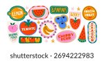 Fruity stickers set in retro cartoon style. Labels with bananas, lemons, strawberries, cherries, watermelon and peaches, organic healthy lifestyle illustration, funky doodle design, trendy stickers