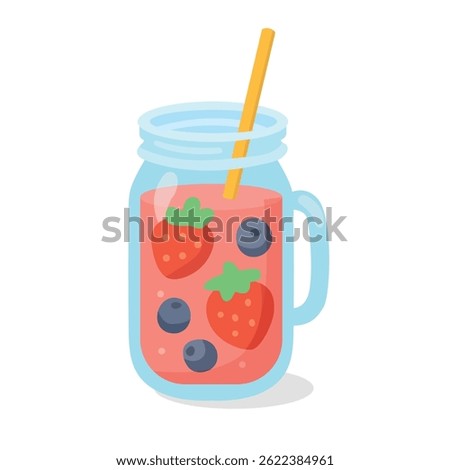 Fruity Summer Drink in Mason Jar with Straw – Vector Illustration