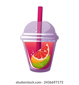 Fruity summer juice. Smoothie with fresh fruit. Cocktail in a plastic glass. Lemonade with grapefruit. Vector illustration.