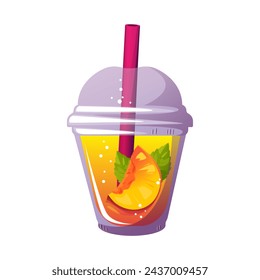 Fruity summer juice. Smoothie with fresh fruit. Cocktail in a plastic glass. Lemonade with peach. Vector illustration.