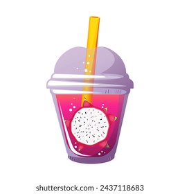 Zumo de verano afrutado. Batido con fruta fresca. Cóctel en un vaso de plástico. Limonada con pitahaya. Ilustración vectorial.