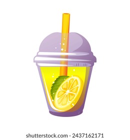 Fruity summer juice. Smoothie with fresh fruit. Cocktail in a plastic glass. Lemonade with lemon. Vector illustration.
