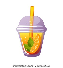 Fruity summer juice. Smoothie with fresh fruit. Cocktail in a plastic glass. Lemonade with orange. Vector illustration.