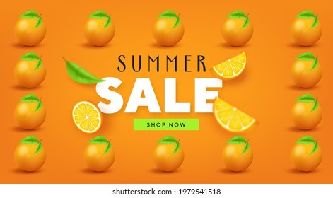 Fruity Summer Sale Colorful Banners with orange tropical Fruits abstract background layout banners. illustration template