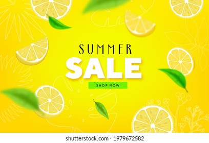 Fruity Summer Sale Colorful Banners with lime, lemon tropical Fruits abstract background layout banners. illustration template.