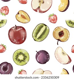 Fruity summer seamless pattern with different fruits and berries on a white background. Red apple, kiwi, juicy plum, red strawberry on a white background. Pattern for textiles, wrapping paper