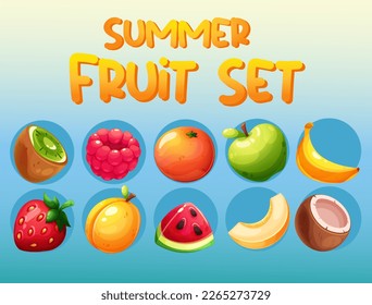 Fruity summer set. Coconut, banana, kiwi, raspberry, orange, apple, strawberry, apricot, melon, watermelon