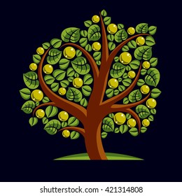 Fruity tree with ripe apples isolated on white. Wealth and prosperity conceptual illustration.