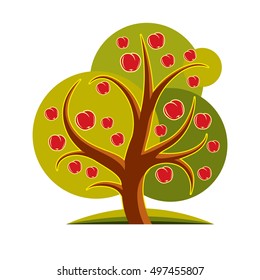 Fruity tree with ripe apples isolated on white. Organic and eco food idea vector image.