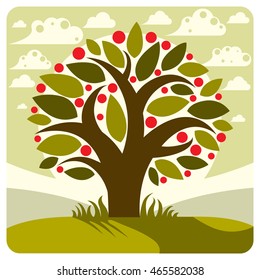Fruity tree with ripe apples placed on stylized background. Organic and eco food idea vector image, spring season.