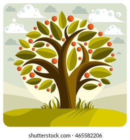Fruity tree with ripe apples placed on stylized background. Wealth and prosperity conceptual illustration.