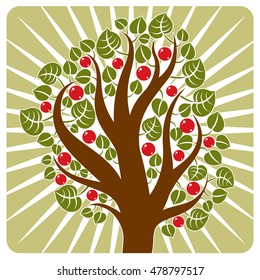 Fruity tree with ripe apples placed on stylized background. Organic and eco food idea vector image.