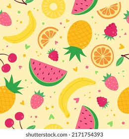 Fruity tropical cute seamless vector pattern. Mature summer exotic fruits and berries. Watermelon, pineapple, cherry and others.