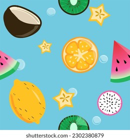 Fruchtige tropische süße nahtlose Vektormuster. Reife Sommer exotische Früchte und Beeren. Kokosnuss, Erdbeere, Orange, Passionsfrucht, Wassermelone