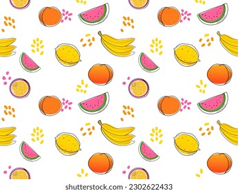 Fruity tropical cute seamless vector pattern. Mature summer exotic fruits and berries. Banana, orange, passion fruit, watermelon