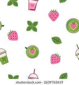 Fruity wellness design with drinks and herbs in seamless colorful vector layout
