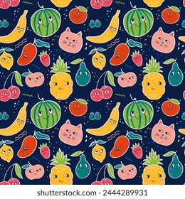 Frutado mundo de amigos en este patrón sin fisuras. Personajes adorables como arándanos y mango dibujados juntos en colores vibrantes contra fondo oscuro, agradable para los diseños de los niños y decoraciones textiles.