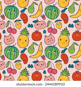 Fruity world of friends in this seamless pattern. Adorable characters like blueberries, pears, and bananas come together in vibrant colors, perfect for kids designs and textile decorations.