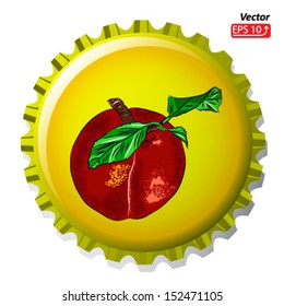 fruity yellow bottle cap with red peach , isolated on white background vector