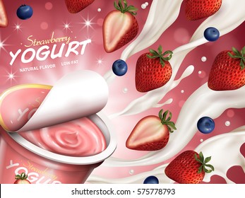 Fruity yogurt ads, appetizing open yogurt with cream, strawberry and blueberry floating in the air, 3d illustration isolated on bokeh background