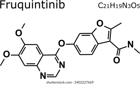 Fruquintinib, fórmula química y estructura molecular; Fruquintinib se utiliza para tratar el cáncer colorrectal metastásico; Fruquintinib es un inhibidor del receptor del VEGF