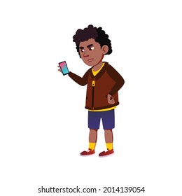 frustrated african boy reading sms message on phone screen cartoon vector. frustrated african boy reading sms message on phone screen character. isolated flat cartoon illustration