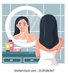 A frustrated Asian woman looks in the mirror at her unhealthy skin with pimples. Health, care, examination, the concept of facial care. Vector illustration in cartoon style