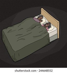 Frustrated Black man trying to sleep in bed with snoring spouse