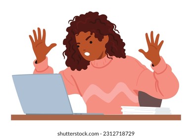 Personaje Frustrado De Mujer Negra Expresando Ira Mientras Usa Su Laptop, Retratando Una Mezcla De Molestia Y Agitación En Su Expresión Facial Y Lenguaje Corporal. Ilustración de vectores de personas de caricatura