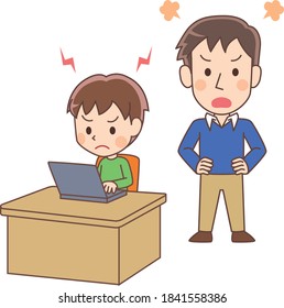 A frustrated boy and an angry man while using a computer