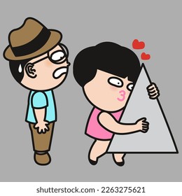 Niño Frustrado Mirando A Su Novia Abrazando Un Triángulo. Ilustración de carácter de tarjeta conceptual de relación triangular de amor de pareja