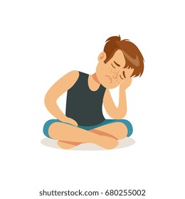 Frustrated boy sitting on the floor in lotus position character vector Illustration