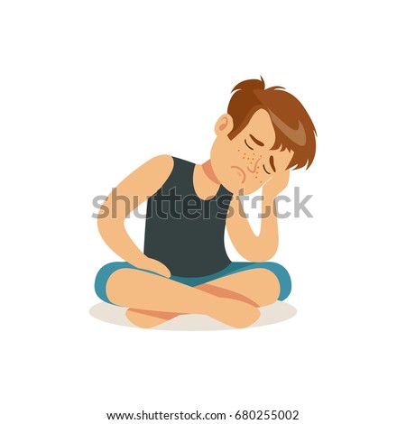 Frustrated boy sitting on the floor in lotus position character vector Illustration