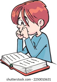 frustrated boy studies in front of an open book