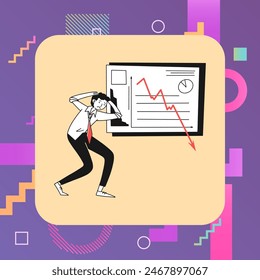 Frustrated business leader holding head. Man feeling panic attack, decrease graph flat vector illustration. Failure, bankrupt, crisis concept for banner, website design or landing web page