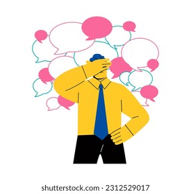 Frustrated business man standing among conversation bubbles. Flat vector illustration isolated on white background
