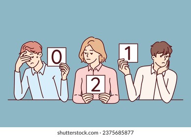 Frustrated business people show low marks to potential company employees participating in competitive interview. Corporate jury is disappointed by lack worthy candidates for vacant business position