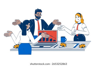 Frustrated business team facing declining performance doodle cartoon illustration. Data problem. Falling graph laptop office 2D flat characters isolated on white. Doodleart hand-drawn drawing colorful