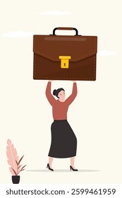 Frustrated business woman carrying heavy briefcase. Over workload. Pressure from too much responsibility. Challenge, emotional pressure, hard tasks at work. Discrimination. flat vector illustration