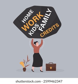 Frustrated business woman carrying heavy stone with various tasks. Over workload, multitasking. Pressure from too much responsibility. Challenge, emotional pressure, hard tasks at work. flat vector